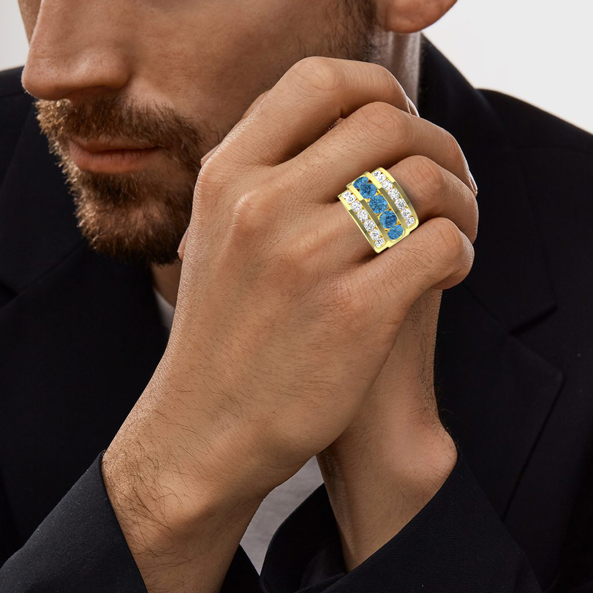 TITAN CREST 3 ROW BLUE AND WHITE DIAMOND RING - 4